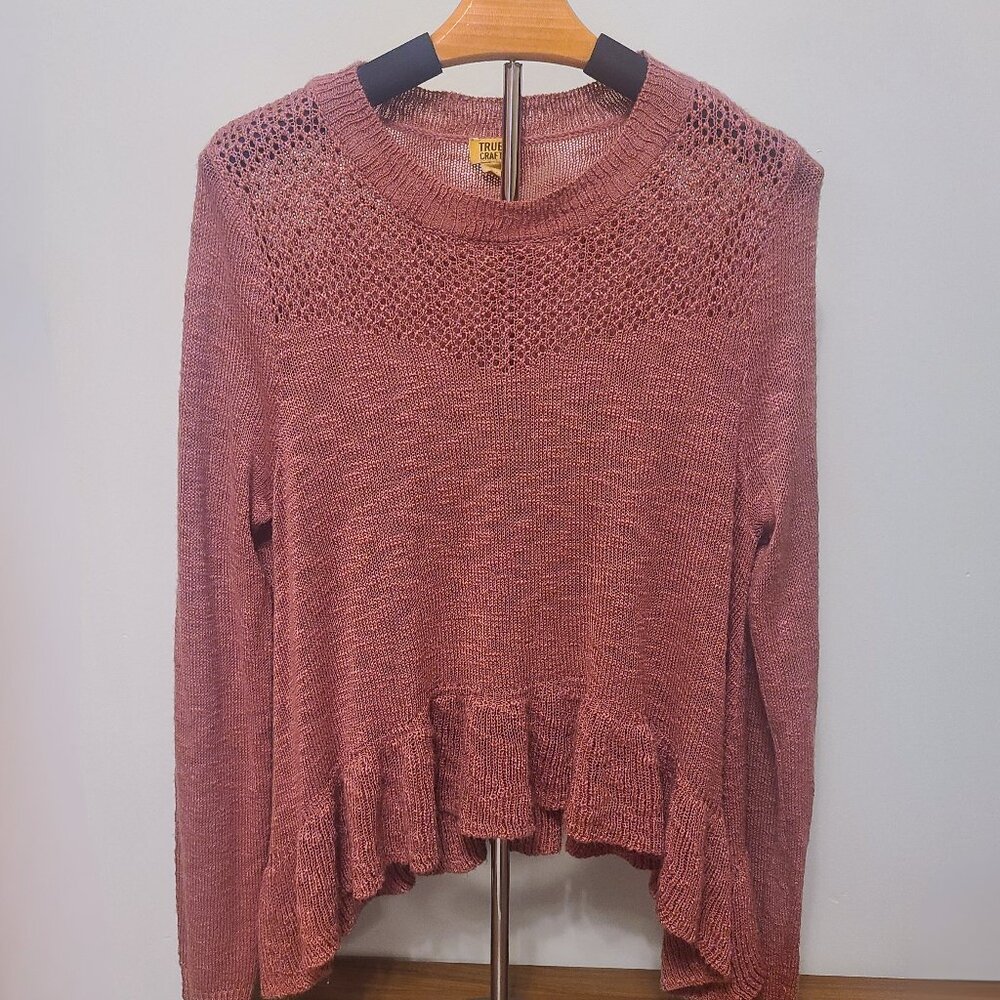 True Craft Dusty Rose Pink Open Knit Sweater – Size Large – Feminine Ruffle Hem - Picture 3 of 12